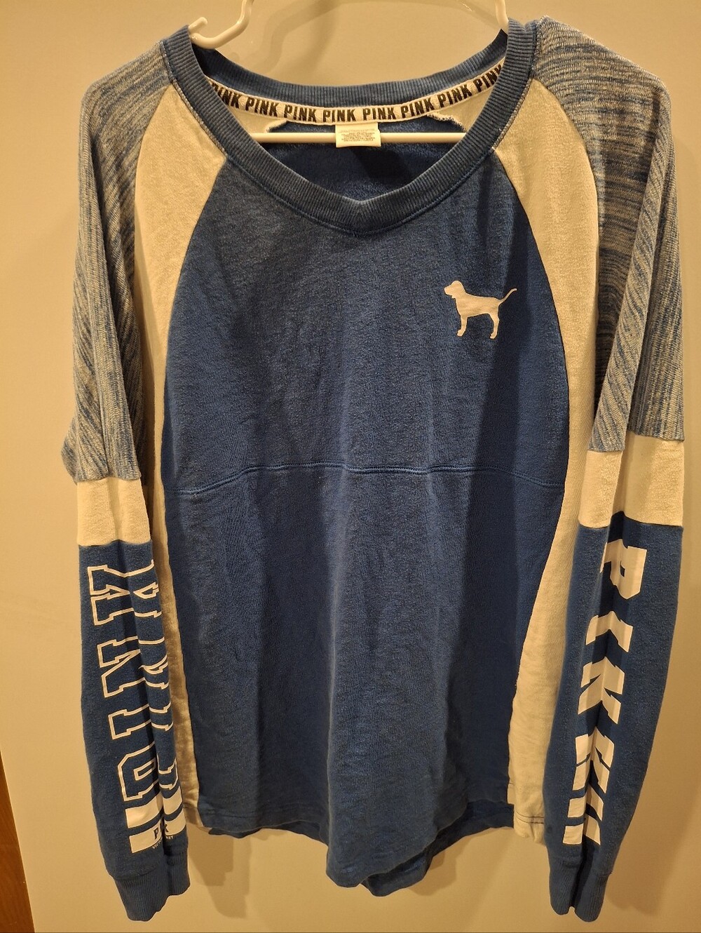 PINK Victoria's Secret Blue & Cream Raglan Long Sleeve Tee -